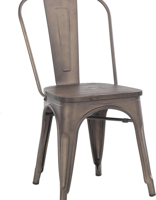 Load image into Gallery viewer, Metal Dining Chairs, Indoor/Outdoor and Stackable, Set of 4 (Bronze with Wooden Seat)