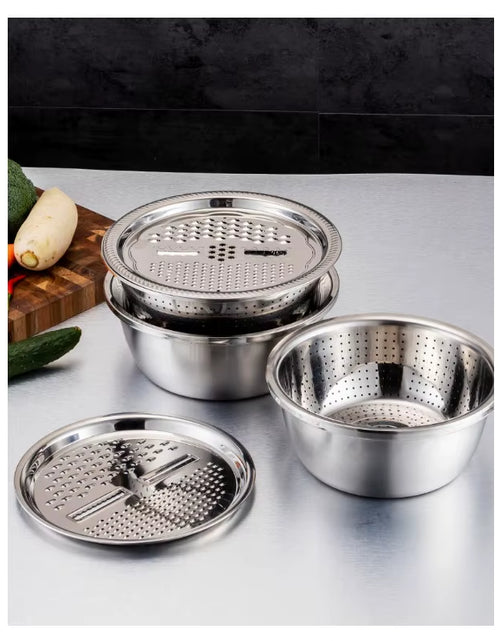 Load image into Gallery viewer, KitchenPro 3-in-1 Stainless Steel Drain Basket – Multifunctional Colander, Vegetable Slicer &amp; Grater for Effortless Food Prep
