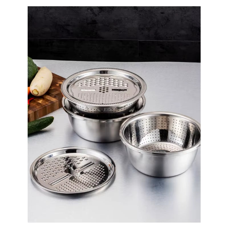 KitchenPro 3-in-1 Stainless Steel Drain Basket – Multifunctional Colander, Vegetable Slicer & Grater for Effortless Food Prep