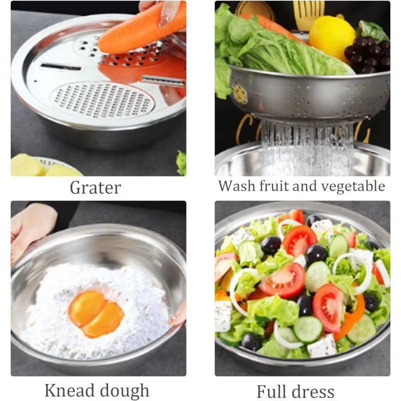 KitchenPro 3-in-1 Stainless Steel Drain Basket – Multifunctional Colander, Vegetable Slicer & Grater for Effortless Food Prep