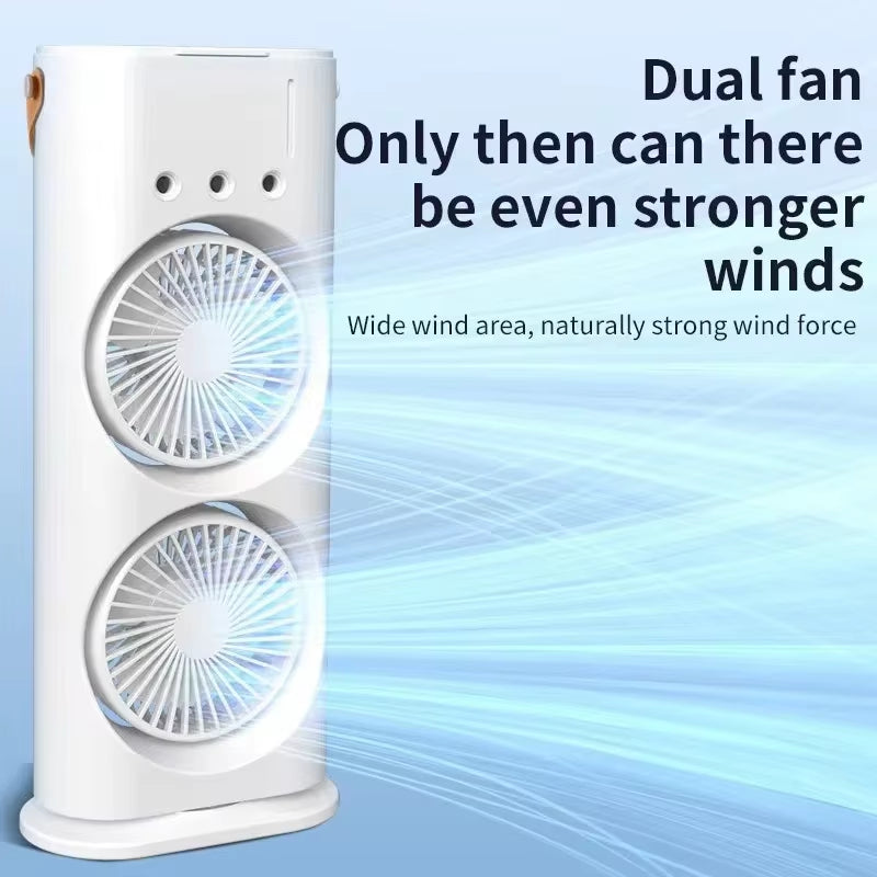 BreezeGlow™ 2-in-1 Dual Mist Cooling Fan – Chill, Hydrate & Light Up Your Space